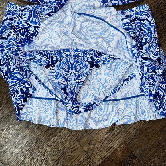 SWIMSUITS FOR ALL One Shoulder Tankini sz 22 Blue Batik Style Ruffle 2pc - Picture 4 of 12